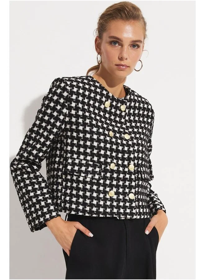 جون June Houndstooth Patterned Tweed Jacket Black