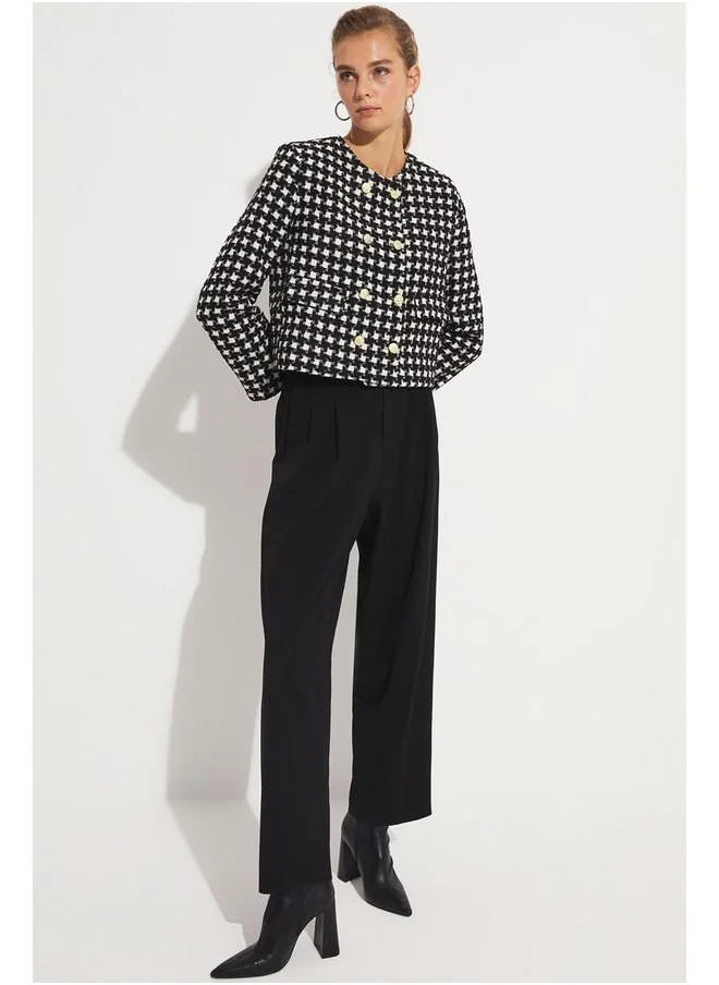 جون June Houndstooth Patterned Tweed Jacket Black