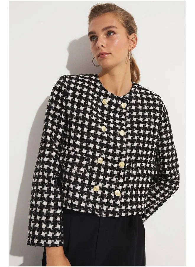 JUNE June Houndstooth Patterned Tweed Jacket Black