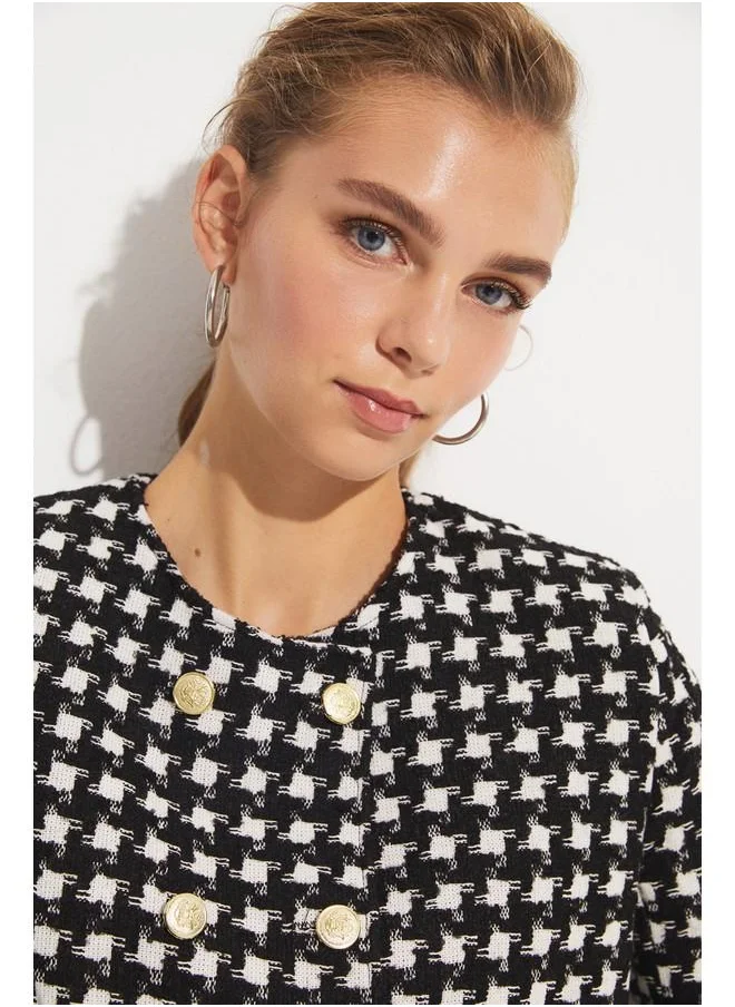 جون June Houndstooth Patterned Tweed Jacket Black