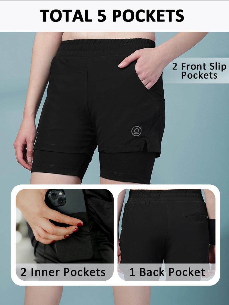 CHKOKKO Gym Shorts for Women Workout Sports Running Quick Dry Fit Double Layer Inner Compression with Pockets Breathable Lightweight Wear Black 4XL - Image 3
