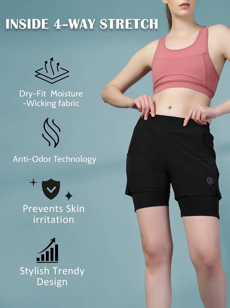 CHKOKKO Gym Shorts for Women Workout Sports Running Quick Dry Fit Double Layer Inner Compression with Pockets Breathable Lightweight Wear Black 4XL - Image 2