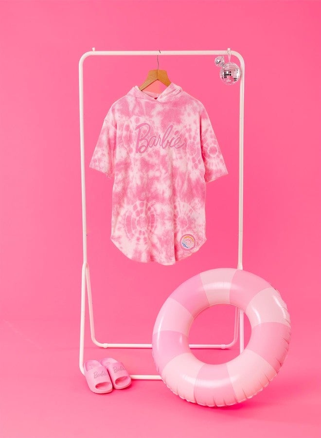 Barbie Girls Towel Poncho | Kids Pink Tie Dye Wearable Bath Towel | Doll Graphic Changing Robe | Cosy Swimwear Beach Cover Up - Image 2