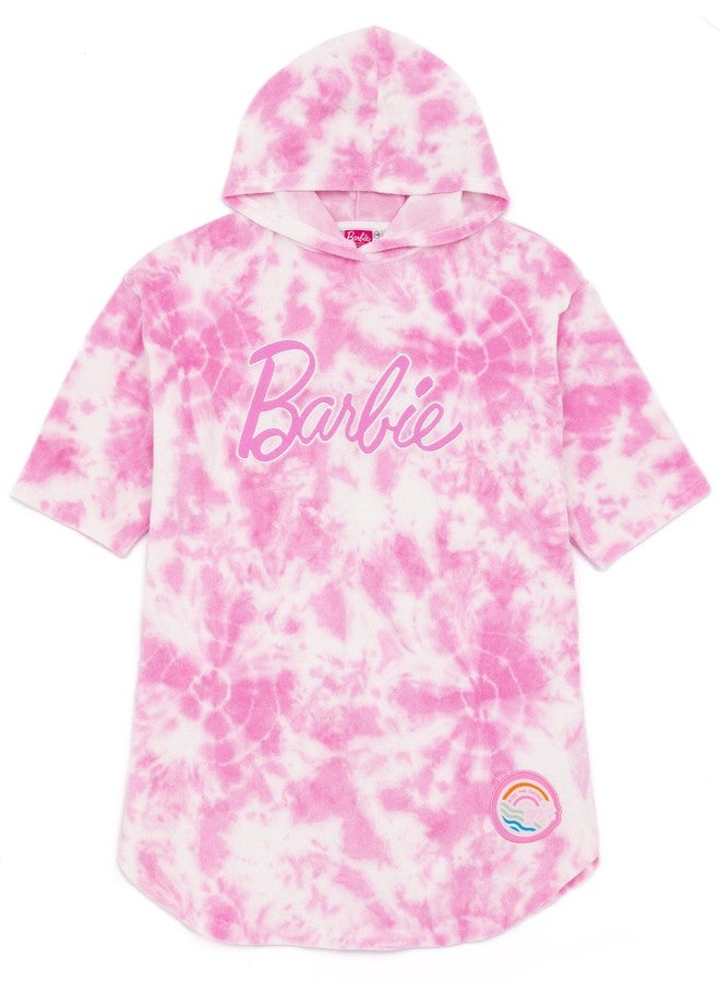 Barbie Girls Towel Poncho | Kids Pink Tie Dye Wearable Bath Towel | Doll Graphic Changing Robe | Cosy Swimwear Beach Cover Up - Image 1
