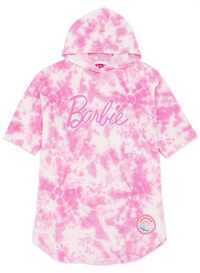 Barbie Girls Towel Poncho | Kids Pink Tie Dye Wearable Bath Towel | Doll Graphic Changing Robe | Cosy Swimwear Beach Cover Up - Image 4