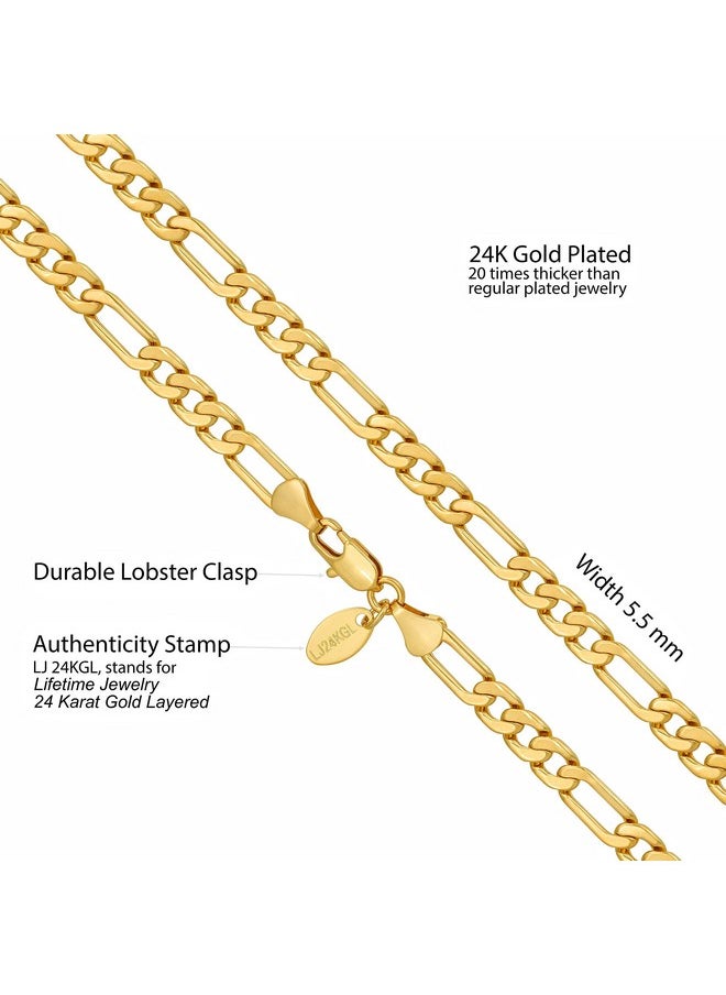 Lifetime Jewelry Flat Figaro Chain Necklaces For Men & Women 24K Real Gold Plated (4Mm, 5.5Mm & 7Mm) (22 Inches, 5.5Mm)  - Image 4