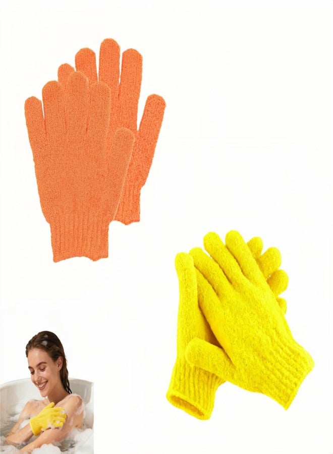 RyanDesign Exfoliating Shower Gloves, 2 Pairs Reinforced Nylon Bath Scrubbing Mitts, Orange and Yellow, One Size Fits All, Body Cleansing Massage - Image 1