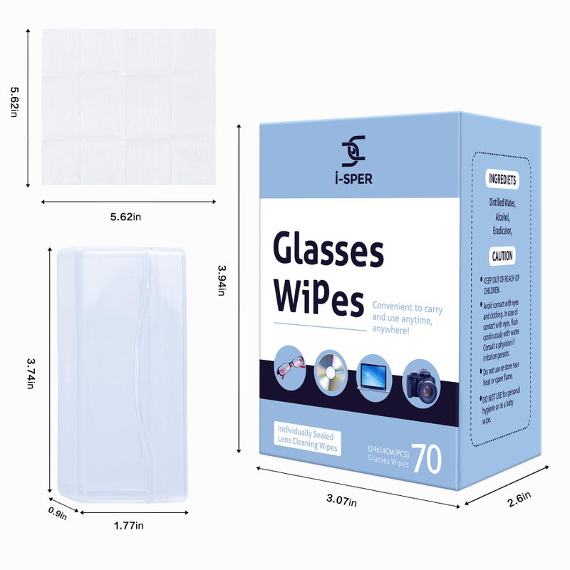 I-sper I-sper 70PCS Lens Wipes for Eyeglasses, Eyeglass Lens Cleaning Wipes Pre-Moistened Quick Dry Individual Wrapped with a Carrying Box Suitable for All Glasses and Electronics Screen  - Image 3