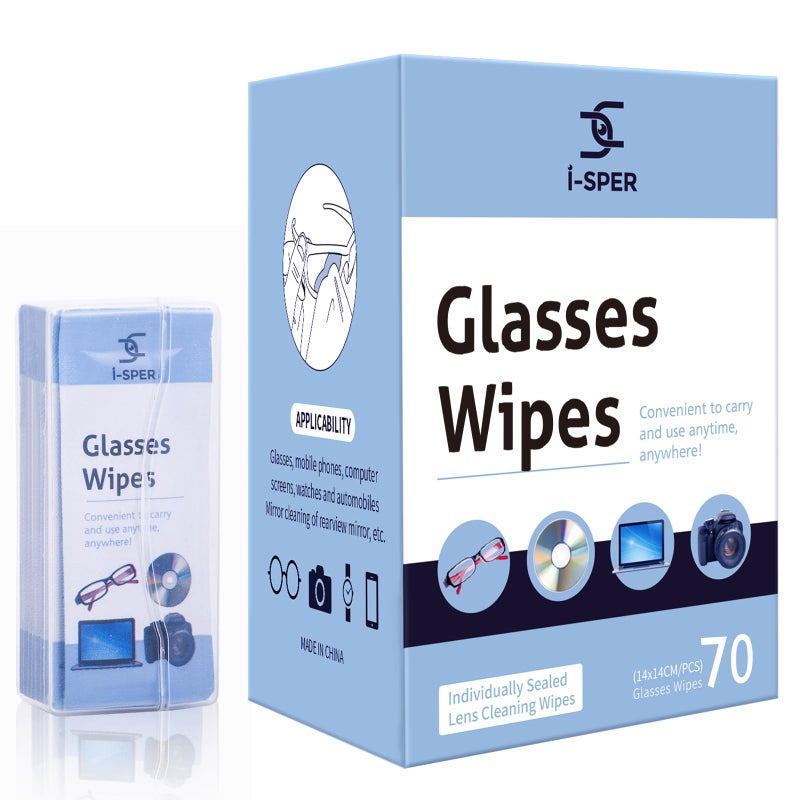 I-sper I-sper 70PCS Lens Wipes for Eyeglasses, Eyeglass Lens Cleaning Wipes Pre-Moistened Quick Dry Individual Wrapped with a Carrying Box Suitable for All Glasses and Electronics Screen  - Image 1