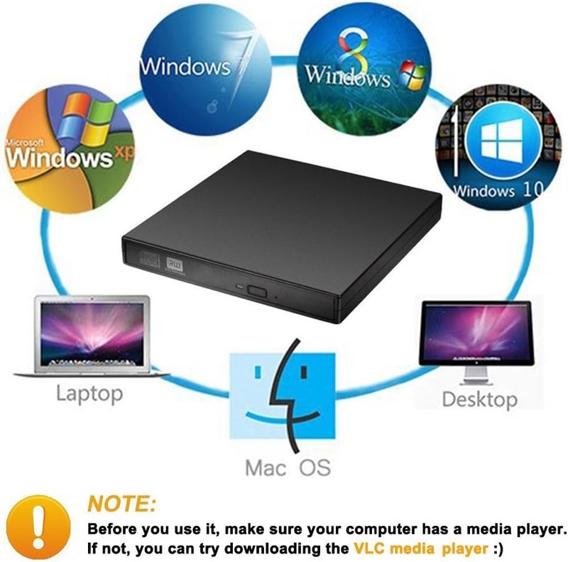 External CD DVD Drive, USB 2.0 Slim Protable External CD-RW Drive DVD-RW Burner Writer Player for Laptop Notebook PC Desktop Computer, Black - Image 2