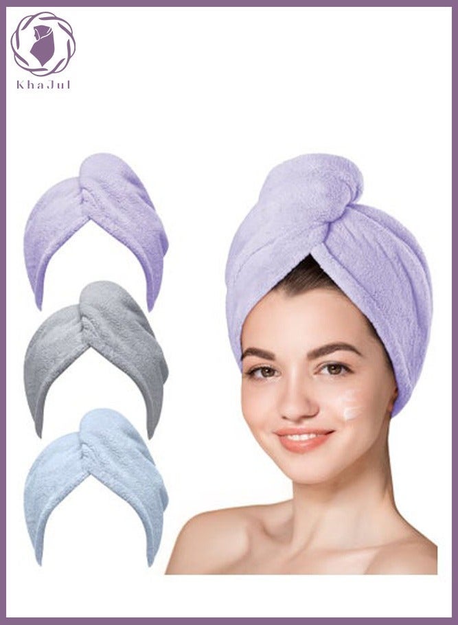 3 Packs Microfiber Hair Towel for Wet Purple Blue Grey - Image 1