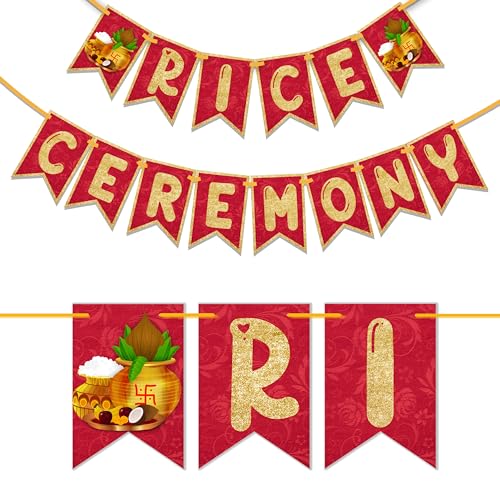 WOBBOX Annaprashan Bunting Banner "Rice Ceremony" Red & Golden Gliter, Annaprashan Party Decoration - Image 1