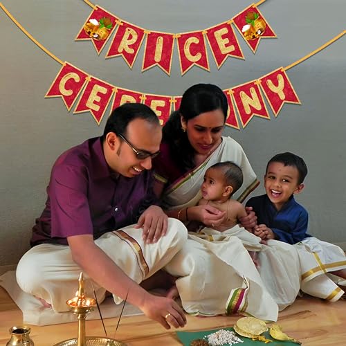WOBBOX Annaprashan Bunting Banner "Rice Ceremony" Red & Golden Gliter, Annaprashan Party Decoration - Image 5
