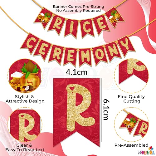 WOBBOX Annaprashan Bunting Banner "Rice Ceremony" Red & Golden Gliter, Annaprashan Party Decoration - Image 2
