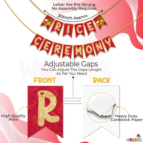 WOBBOX Annaprashan Bunting Banner "Rice Ceremony" Red & Golden Gliter, Annaprashan Party Decoration - Image 3