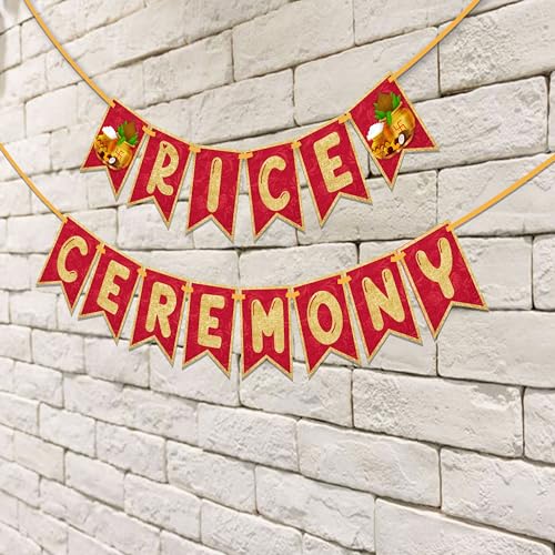 WOBBOX Annaprashan Bunting Banner "Rice Ceremony" Red & Golden Gliter, Annaprashan Party Decoration - Image 4