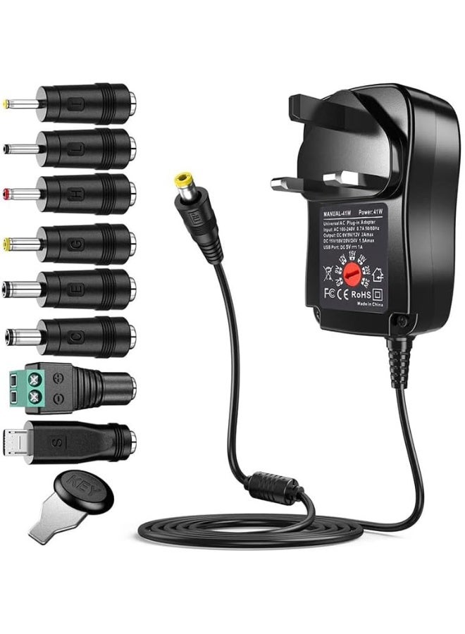 41W Universal UK Power Adapter, 220V to 6V/9V/12V/15V/18V/24V Adjustable DC Charger with 5V/2.1A USB Port, 8 Interchangeable Connectors for WiFi Routers and Electronic Devices - Image 1