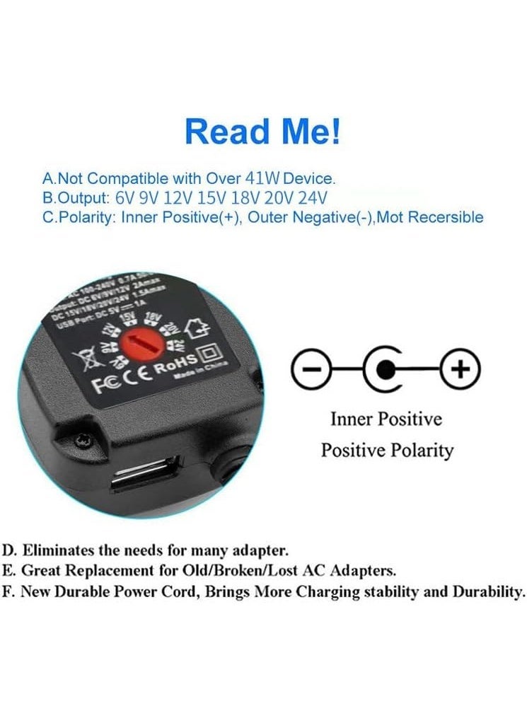 41W Universal UK Power Adapter, 220V to 6V/9V/12V/15V/18V/24V Adjustable DC Charger with 5V/2.1A USB Port, 8 Interchangeable Connectors for WiFi Routers and Electronic Devices - Image 5