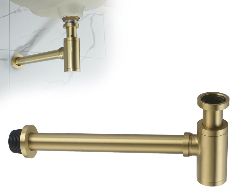 InArt® Heavy Duty Brass Bottle Trap for Wash Basin & Kitchen Sink | Brushed Gold Finish with 12 Inch Pipe & Wall Flange | Anti-Clog, Rust-Proof, Reusable, Easy Installation (Brushed Gold) - Image 1
