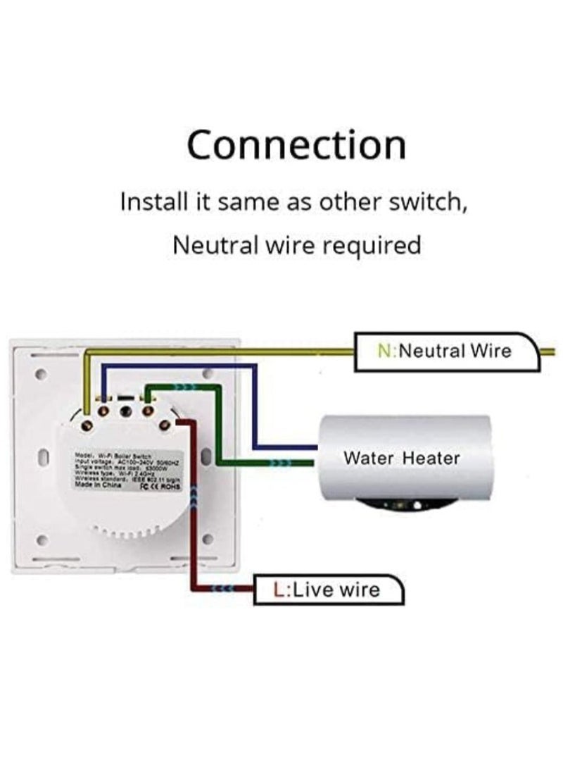 Generic - Smart Water Heater Switch WiFi Boiler Touch Glass Panel Switch Compatible with Alexa/Google Assistant - Image 1