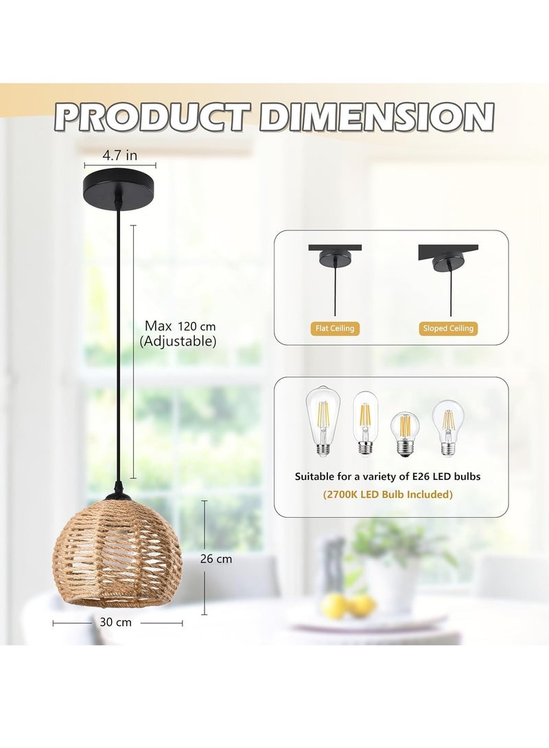 RATSAW Woven Pendant Lights, Chandeliers,Rustic Rattan Hanging Lamp Adjustable Handwoven Basket Shade, Boho Pendant Light Fixtures for Kitchen Island,Dining Room,Bedroom, Farmhouse, Hallway A11 - Image 2