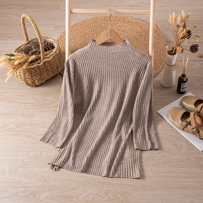5098 Merino Wool Mid-Sleeve Base T-Shirt Soft Waxy Stretch Inner Half-High Collar Knitted Base Shirt - Image 1
