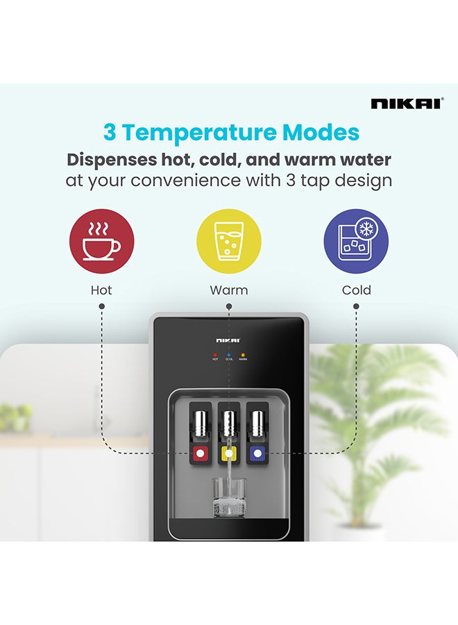Nikai Premium Antibacterial 3 Tap Water Dispenser with 16L Refrigerator Storage, Hot, Cold & Normal Water, Compressor Cooling, Low Noise Best for Home & Office Use - NWD999R - 1 Years Warranty NWD999R Silver Black - Image 3