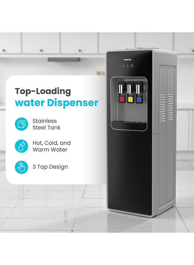 Nikai Premium Antibacterial 3 Tap Water Dispenser with 16L Refrigerator Storage, Hot, Cold & Normal Water, Compressor Cooling, Low Noise Best for Home & Office Use - NWD999R - 1 Years Warranty NWD999R Silver Black - Image 2