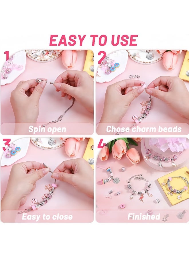 63pcs Charm Bracelet Making Kit with Gift Box Teen Girl Gifts Jewelry Making Kit Unicorn Mermaid Girl Toys Art Supplies Crafts,Charm Bracelet Jewelry Making Kit for Girls Age 5-12 - Image 4