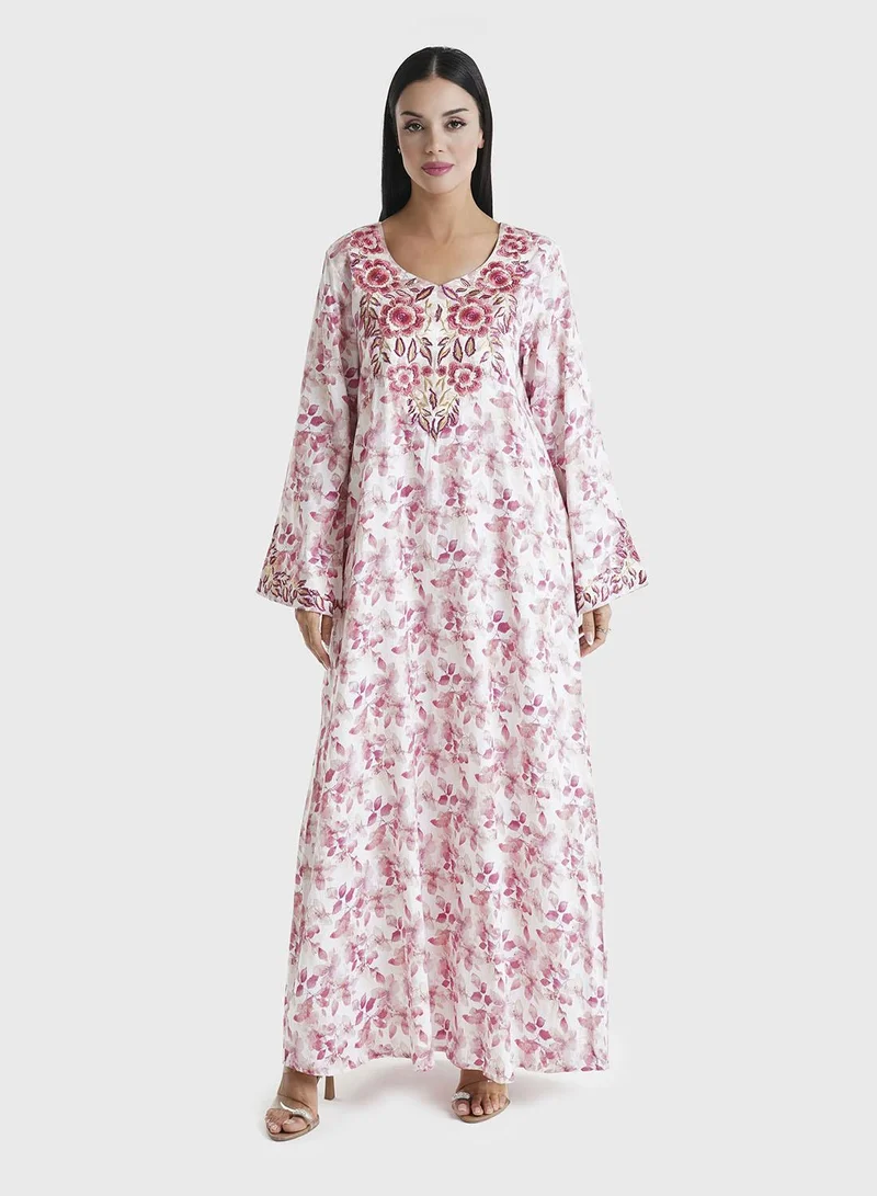 KASHKHA Red Botanical Printed Cotton Satin Stone Work Jalabiya (VSG259)