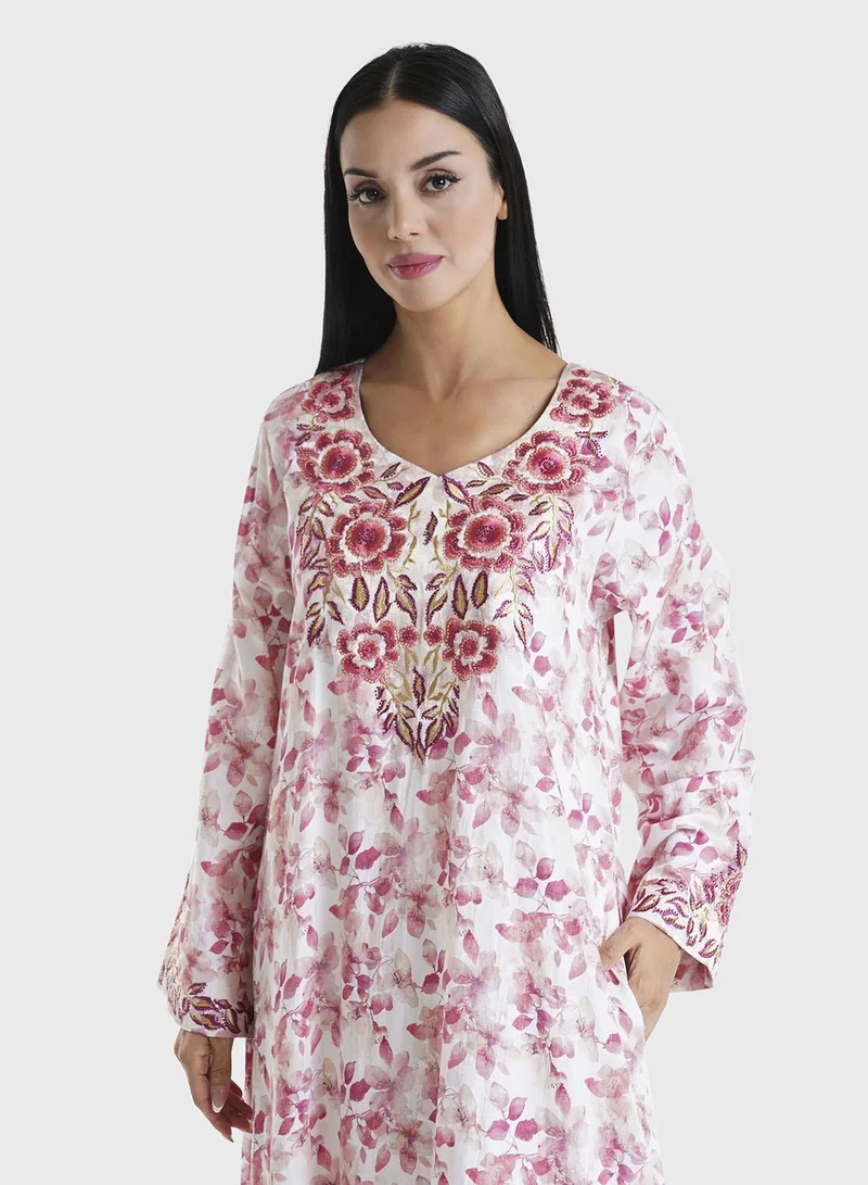 KASHKHA Red Botanical Printed Cotton Satin Stone Work Jalabiya (VSG259)