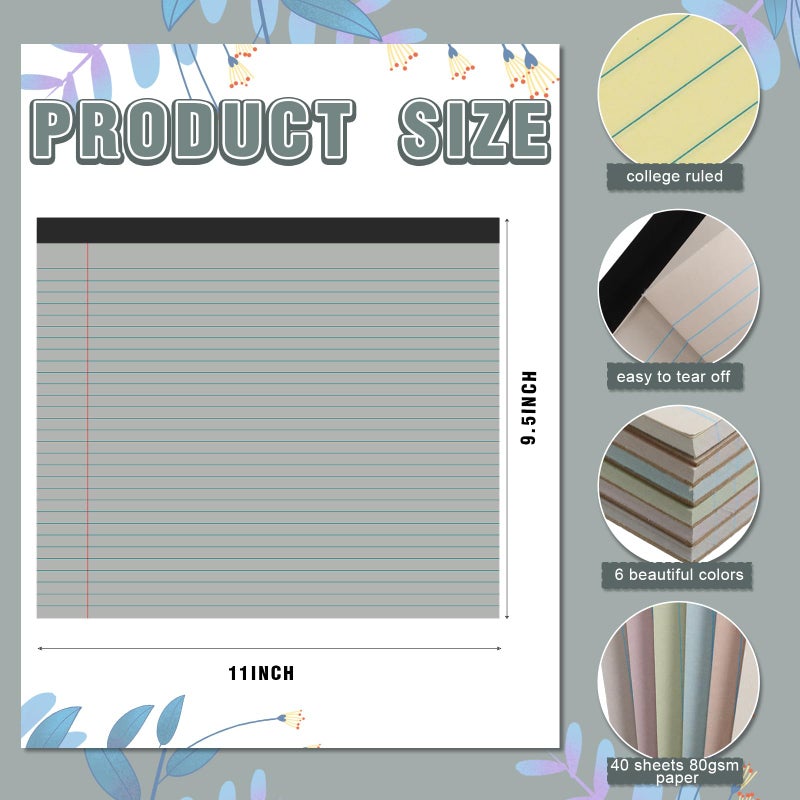 Lincia 6 Pcs 11" x 9.5" Legal Pads College Ruled Notepad Landscape Notebook Horizontal Lined Notebook 80 Gsm Assorted Colors Paper Pastel Writing Pads for School Office, 40 Sheet (Sweet Color) - Image 2