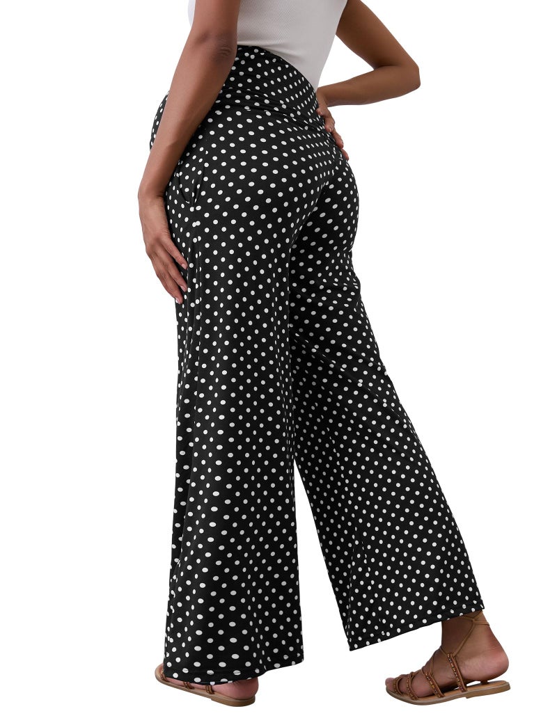 Peauty Plus Size Maternity Palazzo Pants for Women Wide Leg High Waisted Over The Belly Slacks Dot Boho (Black Polka Dot XL) - Image 5
