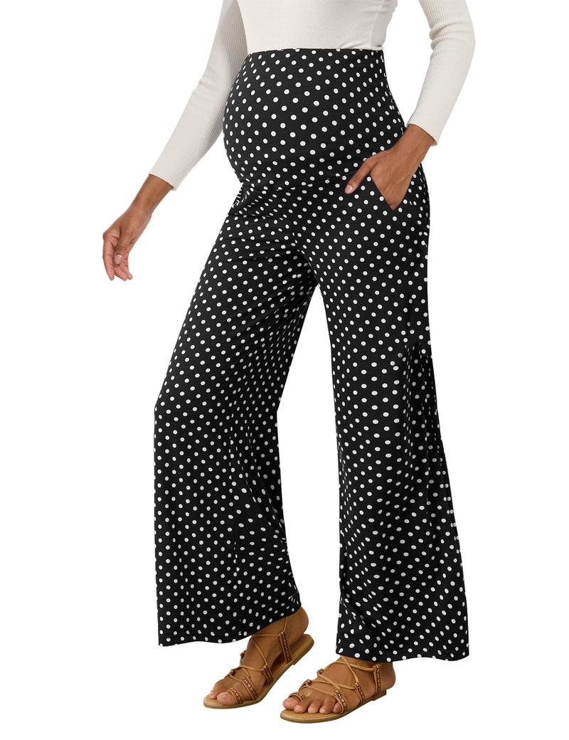 Peauty Plus Size Maternity Palazzo Pants for Women Wide Leg High Waisted Over The Belly Slacks Dot Boho (Black Polka Dot XL) - Image 1