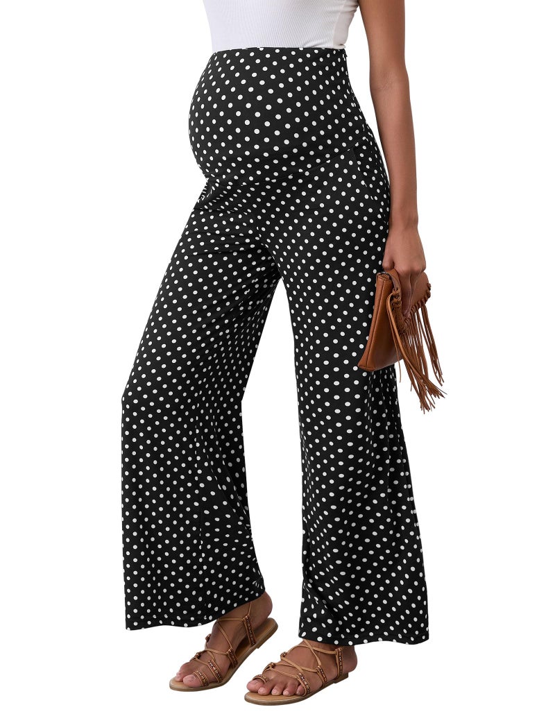 Peauty Plus Size Maternity Palazzo Pants for Women Wide Leg High Waisted Over The Belly Slacks Dot Boho (Black Polka Dot XL) - Image 4