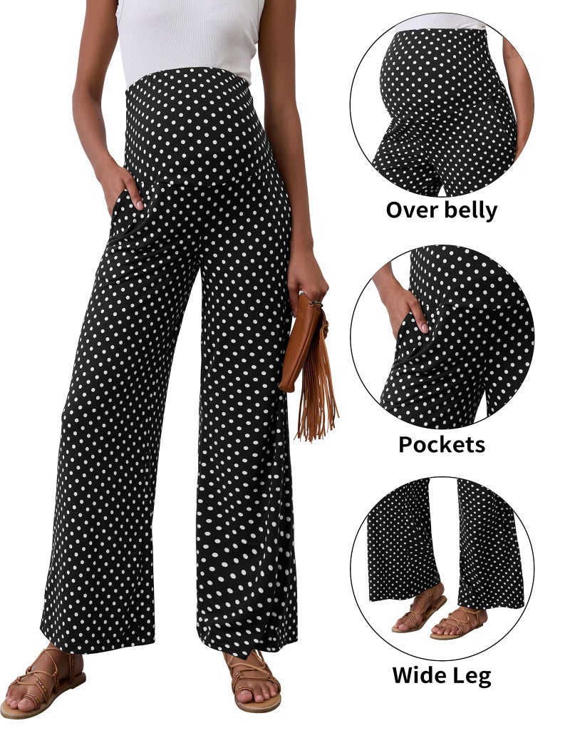 Peauty Plus Size Maternity Palazzo Pants for Women Wide Leg High Waisted Over The Belly Slacks Dot Boho (Black Polka Dot XL) - Image 3