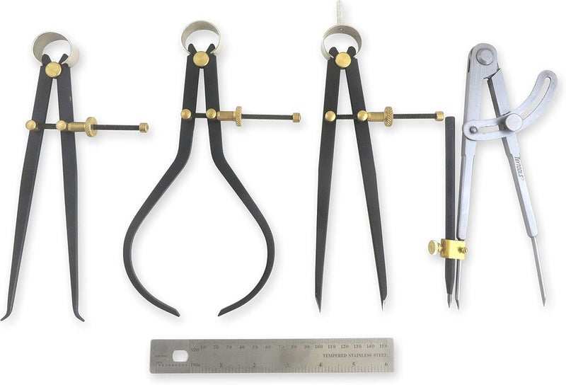 Taytools 776636 Deluxe 5 Piece Measuring Set/Kit with 8-inch Spring Dividers, Inside & Outside Calipers, Pocket Rule and Firm Joint Dividers/Compass with Carbide Scriber - Image 1