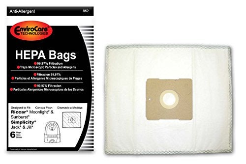 EnviroCare Replacement HEPA Filtration Vacuum Cleaner Dust Bags made to fit Riccar Moonlight and Sunburst Simplicity Jack and Jill Canisters 6 pack