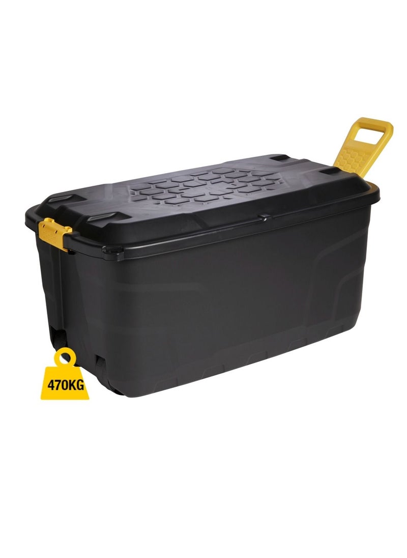 Strata - Strata, Made in UK, Heavy Duty Outdoor Storage Box with Lid, Wheels and Handle, Storage Trunk 110 Litres, 77L x 42W x 50.5H cm - Black-STR-XW438-BLK/YEL-EX - Image 1