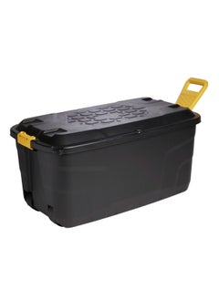 Strata, Made in UK, Heavy Duty Outdoor Storage Box with Lid, Wheels and Handle, Storage Trunk 110 Litres, 77L x 42W x 50.5H cm - Black-STR-XW438-BLK/YEL-EX