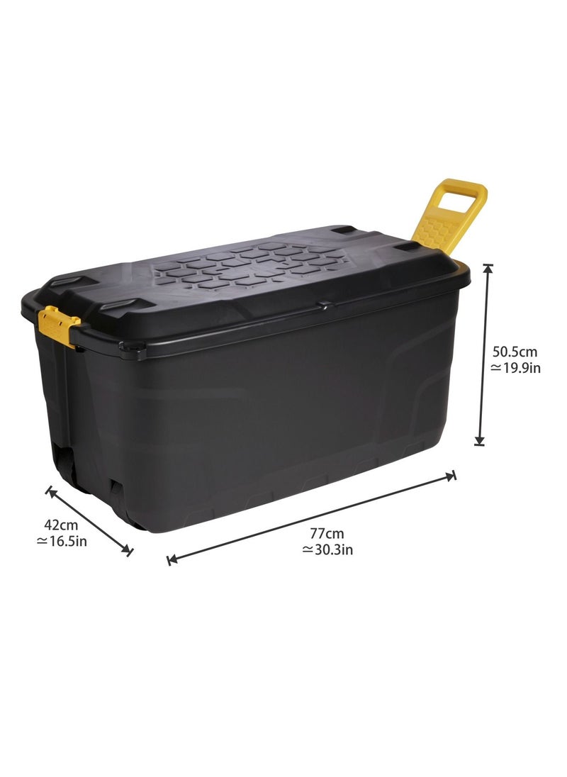 Strata - Strata, Made in UK, Heavy Duty Outdoor Storage Box with Lid, Wheels and Handle, Storage Trunk 110 Litres, 77L x 42W x 50.5H cm - Black-STR-XW438-BLK/YEL-EX - Image 1