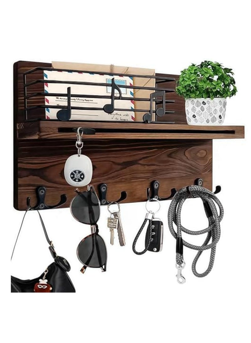 Arabest Key Holder Wall-Mounted Mail & Key Organizer with Shelf, Musical Note Design Entryway Hanger, 4 Double Hooks for Dog Leash/Sunglasses, Rustic Modern Mail Holder Key Hooks Wall Decor - Image 1
