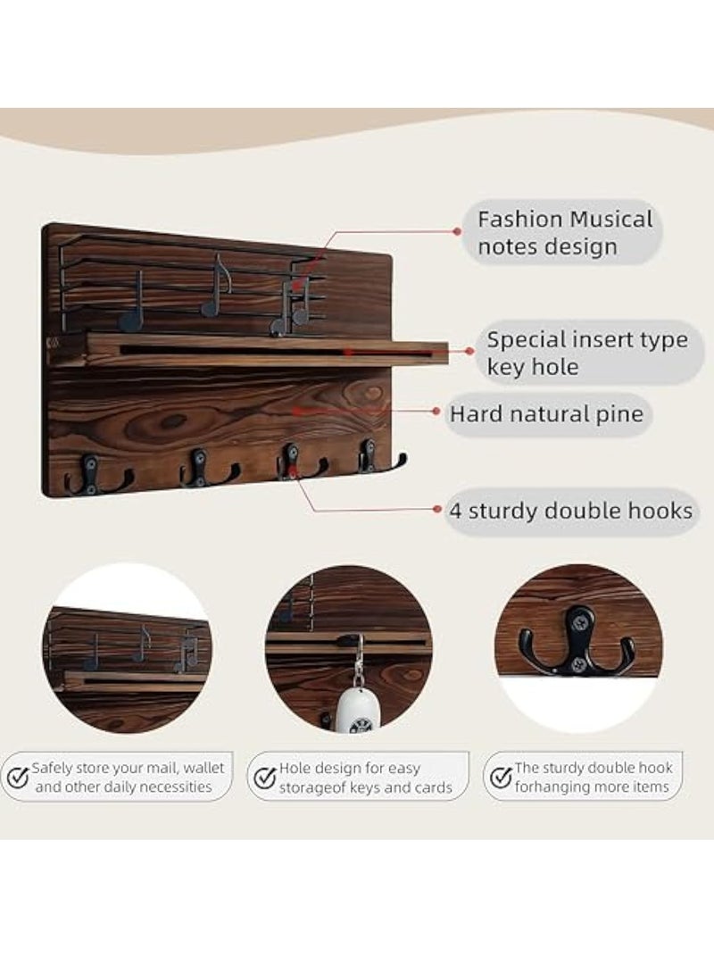 Arabest Key Holder Wall-Mounted Mail & Key Organizer with Shelf, Musical Note Design Entryway Hanger, 4 Double Hooks for Dog Leash/Sunglasses, Rustic Modern Mail Holder Key Hooks Wall Decor - Image 3