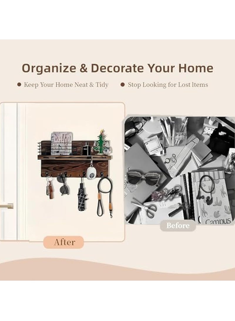 Arabest Key Holder Wall-Mounted Mail & Key Organizer with Shelf, Musical Note Design Entryway Hanger, 4 Double Hooks for Dog Leash/Sunglasses, Rustic Modern Mail Holder Key Hooks Wall Decor - Image 4