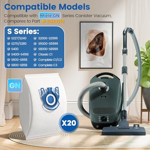 LINNIW 20 عبوة أكياس مكنسة كهربائية 3D Airclean GN متوافقة مع Miele Classic C1، Complete C1، Complete C2، Complete C3، S227 S240، S270، S400، S2، S5، S8 Series مكنسة كهربائية اسطوانية - Image 2