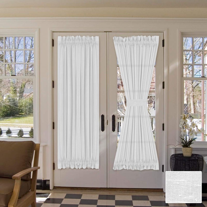 H.VERSAILTEX HVERSAILTEX Linen French Door Curtains Privacy Light Reducing Door Curtain with Tieback  Rod Pocket Curtain 1 Panel for Glass Door Feature Open Weave Textured Linen  52W x 72L  White - Image 1