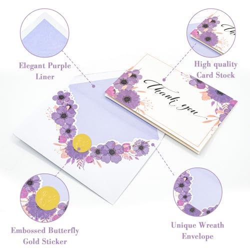 AZAZA Floral Thank You Cards with Envelopes 24 PK, Wedding Cards Unique Floral Design, 4x6 Wildflower Thank You Notes for Baby Shower, Bridal Shower, Sympathy (Kraft Butterfly) - Image 5