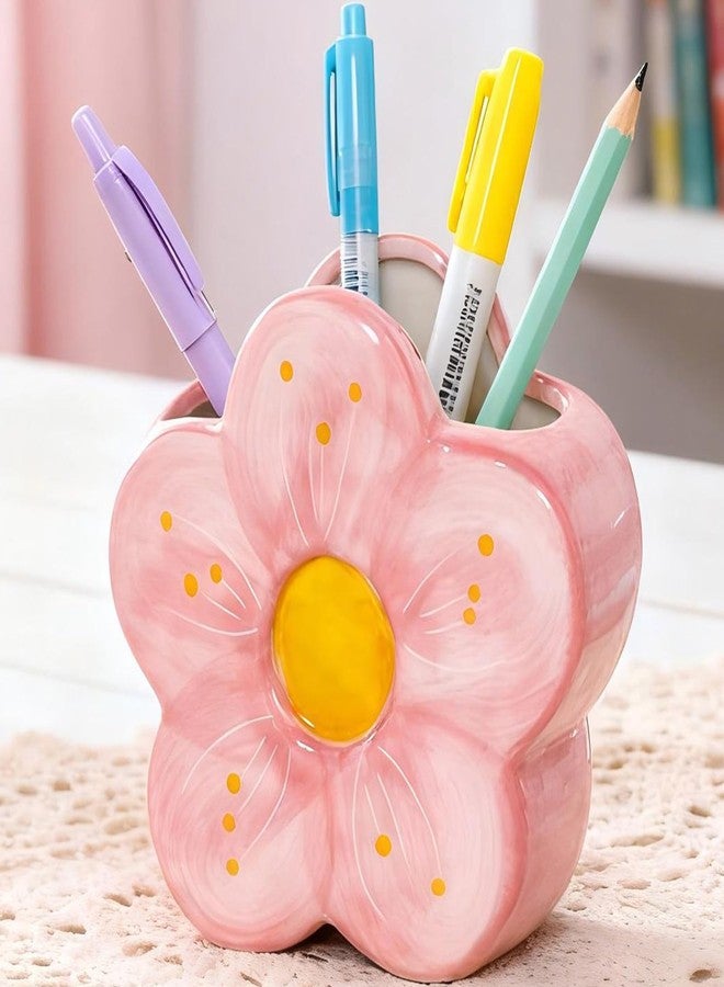 Busnos Pink Pencil Holder Pen Holder Office Desk Accessories Aesthetic Cute Flower Home Decor Makeup Brush Holder Vase Birthday Gifts for Women Vanity Toothbrush Holder Kawaii Kitchen Utensil Holder - Image 1