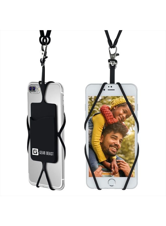 Gear Beast Cell Phone Lanyard - Neck Phone Holder w/Card Pocket and Silicone Neck Strap - Compatible with Most Smartphones, Black - Image 1