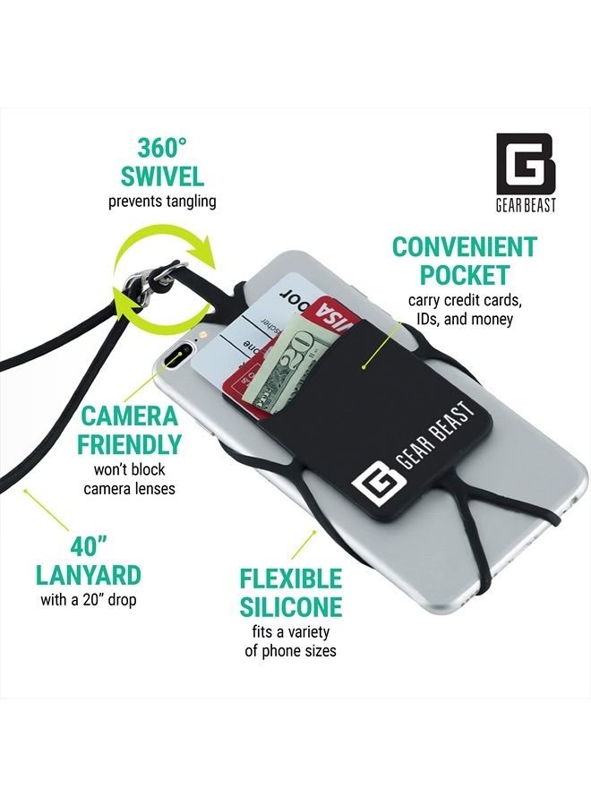Gear Beast Cell Phone Lanyard - Neck Phone Holder w/Card Pocket and Silicone Neck Strap - Compatible with Most Smartphones, Black - Image 3